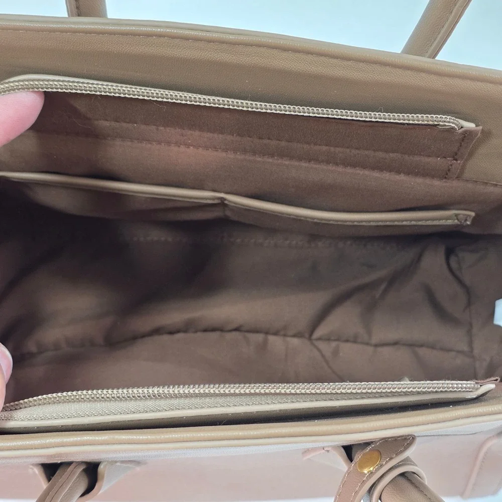 Adrienne Vittadini Taupe Saffiano Faux Leather Satchel‎ Handbag Gold Hardware